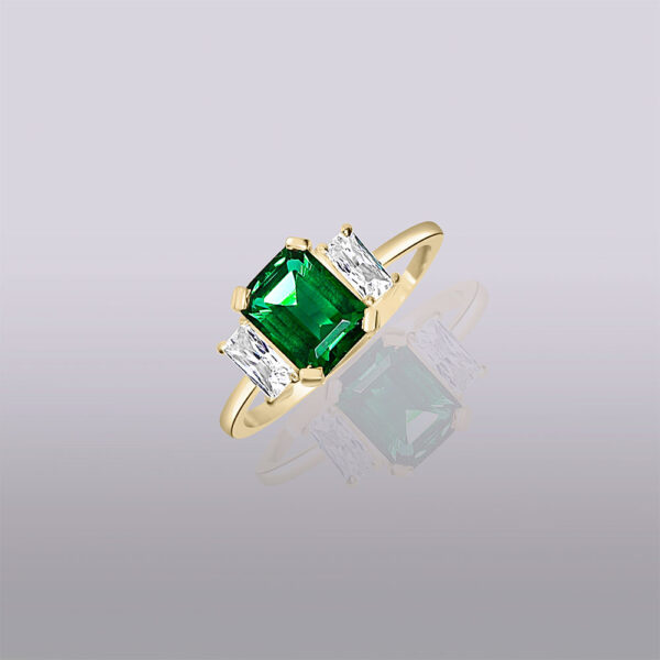14k gold emerald engagement ring with side baguette diamonds